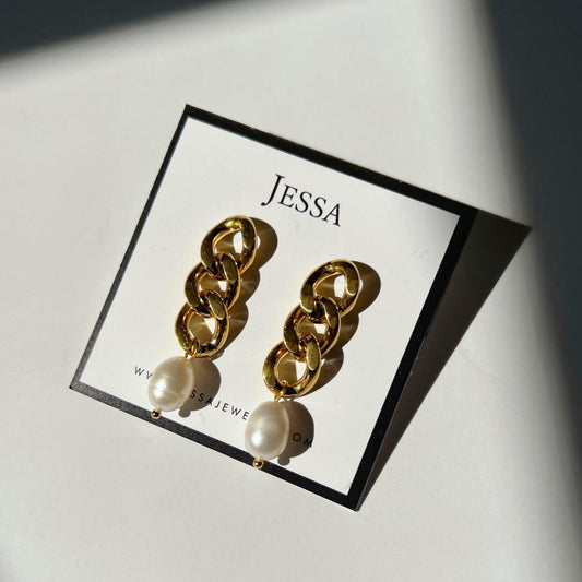 Pearl Chain Drop Earrings - JESSA JEWELRY | GOLD JEWELRY; dainty, affordable gold everyday jewelry. Tarnish free, water-resistant, hypoallergenic. Jewelry for everyday wear