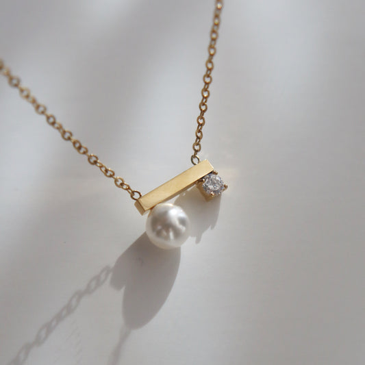 Pearl and CZ Bar Necklace | Dainty Everyday Necklace