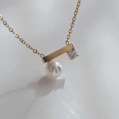 Pearl and CZ Bar Necklace | Dainty Everyday Necklace