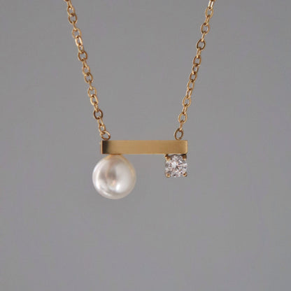 Pearl and CZ Bar Necklace | Dainty Everyday Necklace