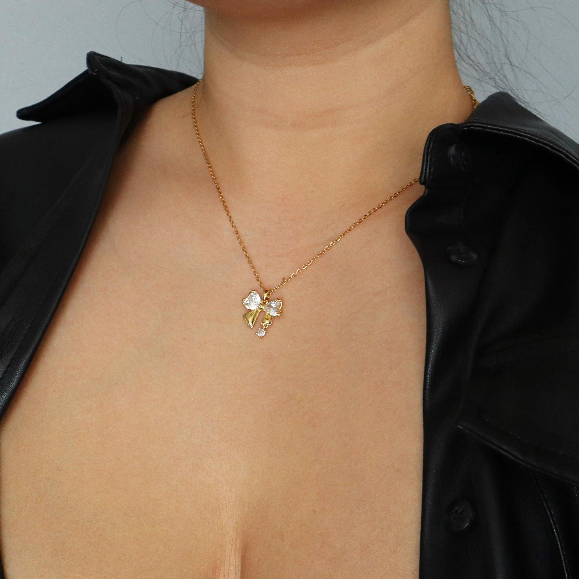Caelyn Bow Necklace - JESSA JEWELRY | GOLD JEWELRY; dainty, affordable gold everyday jewelry. Tarnish free, water-resistant, hypoallergenic. Jewelry for everyday wear