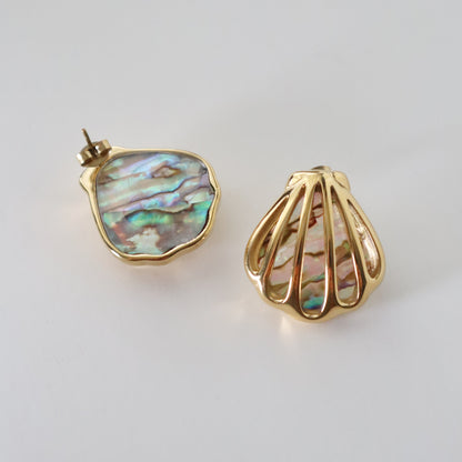 Gold earrings with abalone shell design on a light gray background