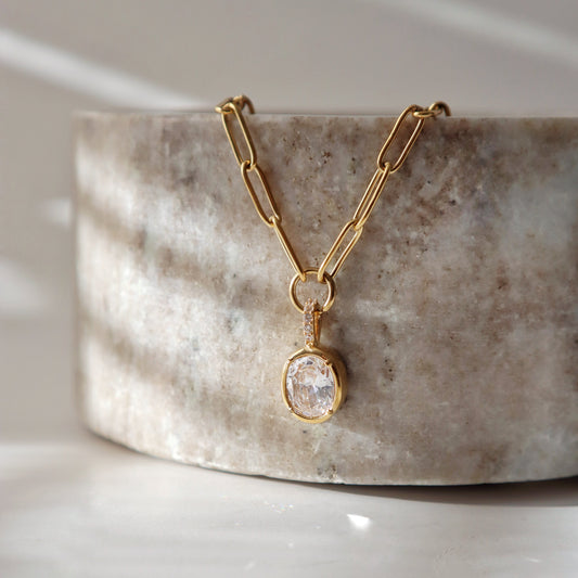 Mila Paperclip Necklace | Oval CZ Pendant Necklace