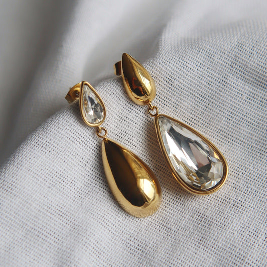 Crystal Duo Drop Earrings | Statement Earrings - JESSA JEWELRY | GOLD JEWELRY; dainty, affordable gold everyday jewelry. Tarnish free, water-resistant, hypoallergenic. Jewelry for everyday wear