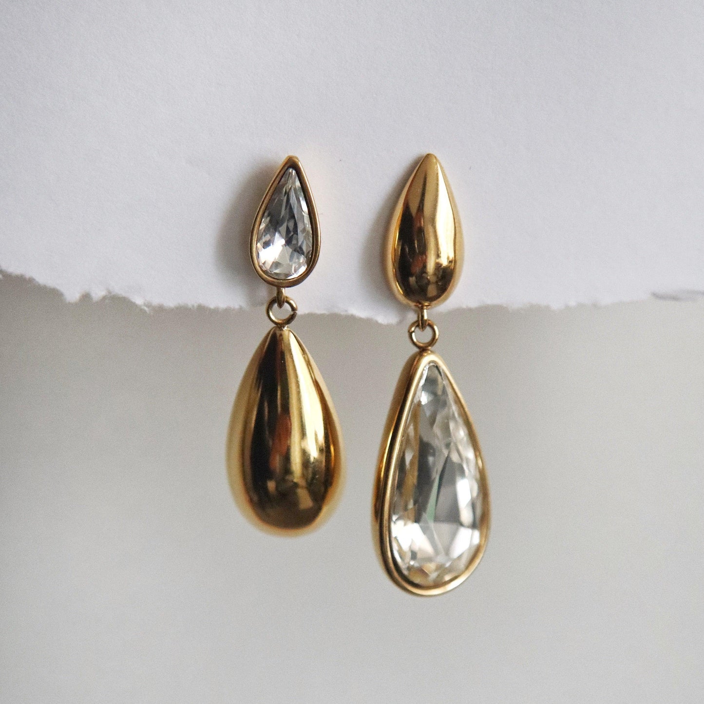 Crystal Duo Drop Earrings | Statement Earrings - JESSA JEWELRY | GOLD JEWELRY; dainty, affordable gold everyday jewelry. Tarnish free, water-resistant, hypoallergenic. Jewelry for everyday wear