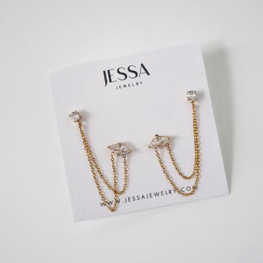 Ryann Double Chain Studs | Double Piercing Connector Earrings - JESSA JEWELRY | GOLD JEWELRY; dainty, affordable gold everyday jewelry. Tarnish free, water-resistant, hypoallergenic. Jewelry for everyday wear