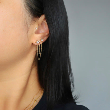 Ryann Double Chain Studs | Double Piercing Connector Earrings - JESSA JEWELRY | GOLD JEWELRY; dainty, affordable gold everyday jewelry. Tarnish free, water-resistant, hypoallergenic. Jewelry for everyday wear