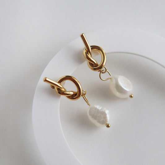 Knotted Pearl Drop Earrings - JESSA JEWELRY | GOLD JEWELRY; dainty, affordable gold everyday jewelry. Tarnish free, water-resistant, hypoallergenic. Jewelry for everyday wear