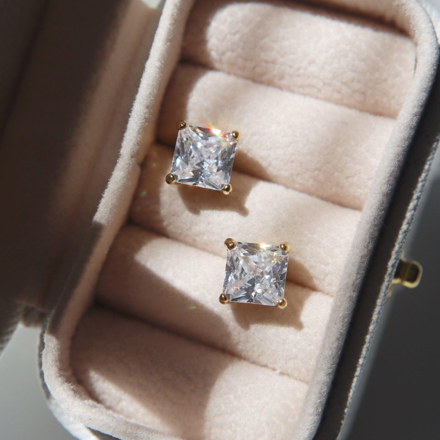 CZ Square Studs - JESSA JEWELRY | GOLD JEWELRY; dainty, affordable gold everyday jewelry. Tarnish free, water-resistant, hypoallergenic. Jewelry for everyday wear