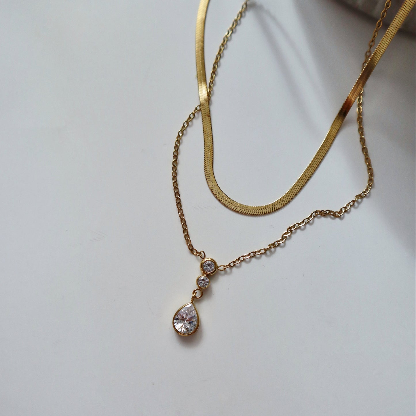 Darling Double Necklace | Snake Chain and CZ Pendant Necklace