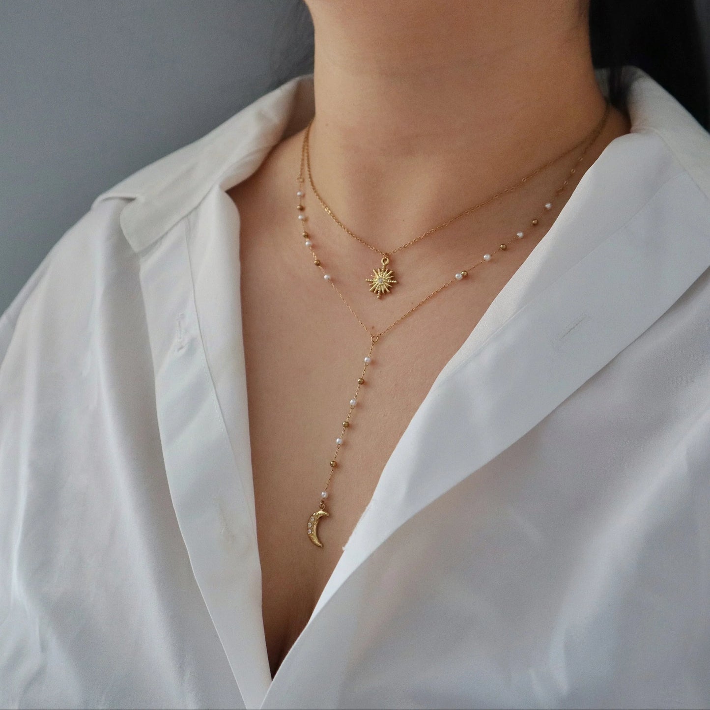 Sun and Moon Layered Lariat Necklace