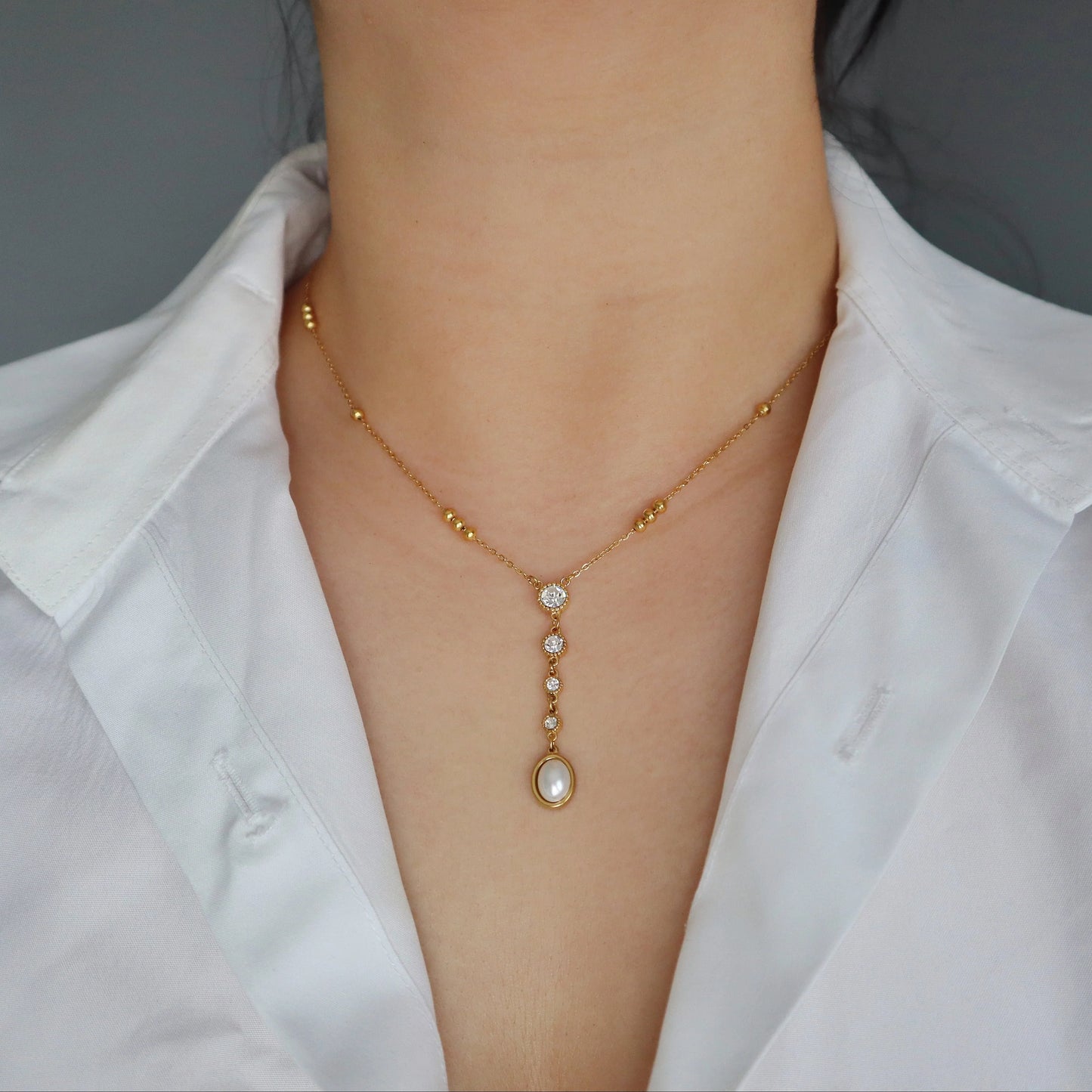 CZ and Pearl Lariat Necklace