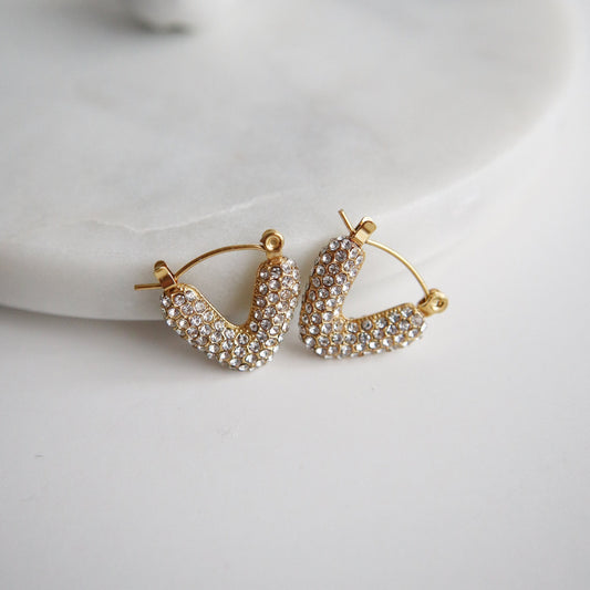 Alana Hoops | V-Shaped Pave Hoops - JESSA JEWELRY | GOLD JEWELRY; dainty, affordable gold everyday jewelry. Tarnish free, water-resistant, hypoallergenic. Jewelry for everyday wear