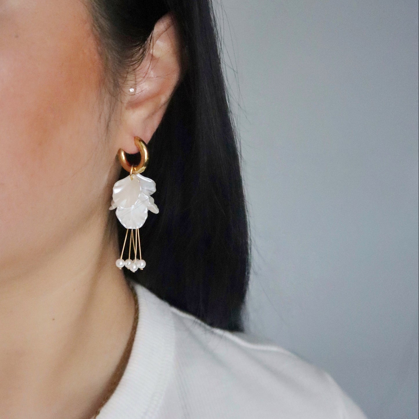 Pearl Petal Drop Hoop | Statement Earrings