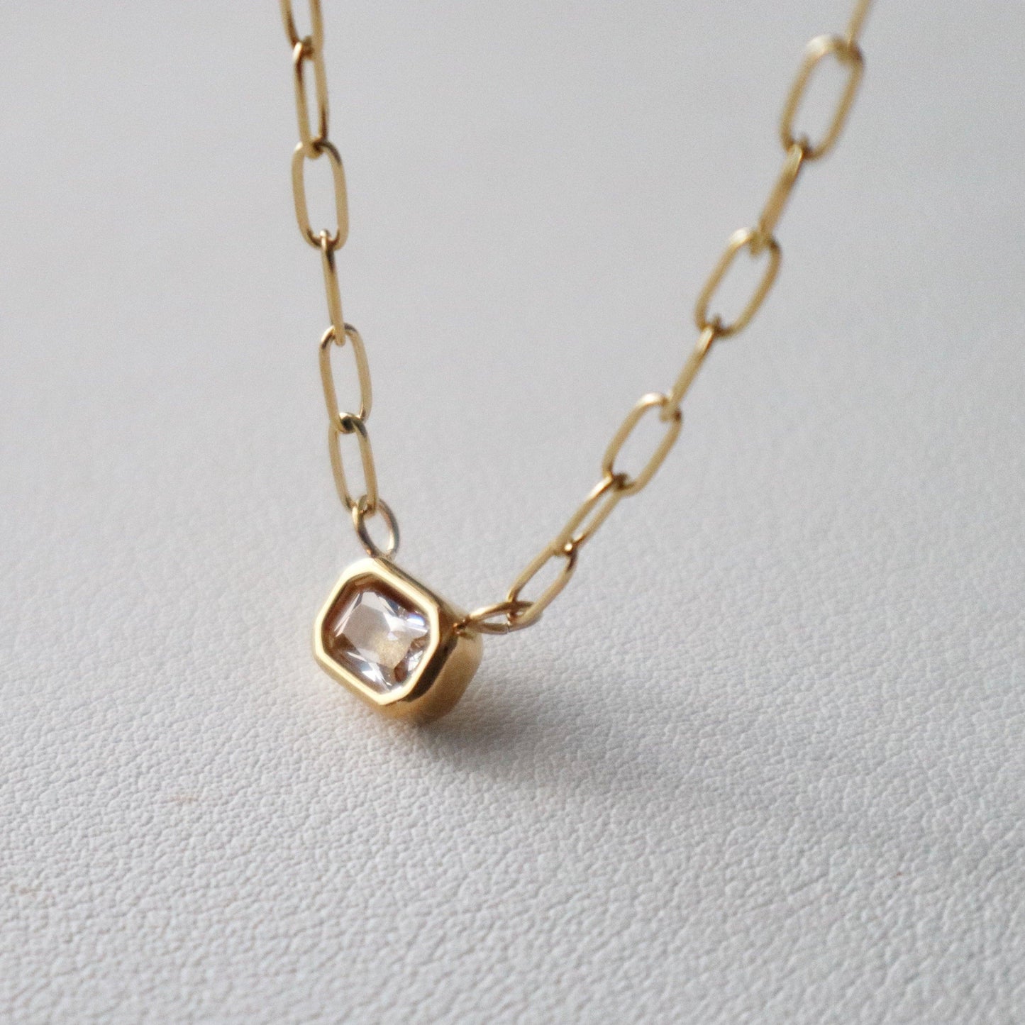 Rectangular Gem Necklace | Paperclip Pendant Necklace - JESSA JEWELRY | GOLD JEWELRY; dainty, affordable gold everyday jewelry. Tarnish free, water-resistant, hypoallergenic. Jewelry for everyday wear