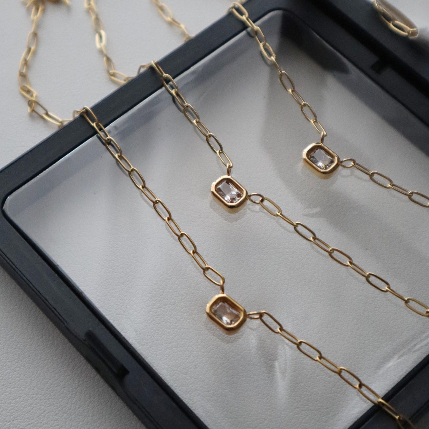 Rectangular Gem Necklace | Paperclip Pendant Necklace - JESSA JEWELRY | GOLD JEWELRY; dainty, affordable gold everyday jewelry. Tarnish free, water-resistant, hypoallergenic. Jewelry for everyday wear