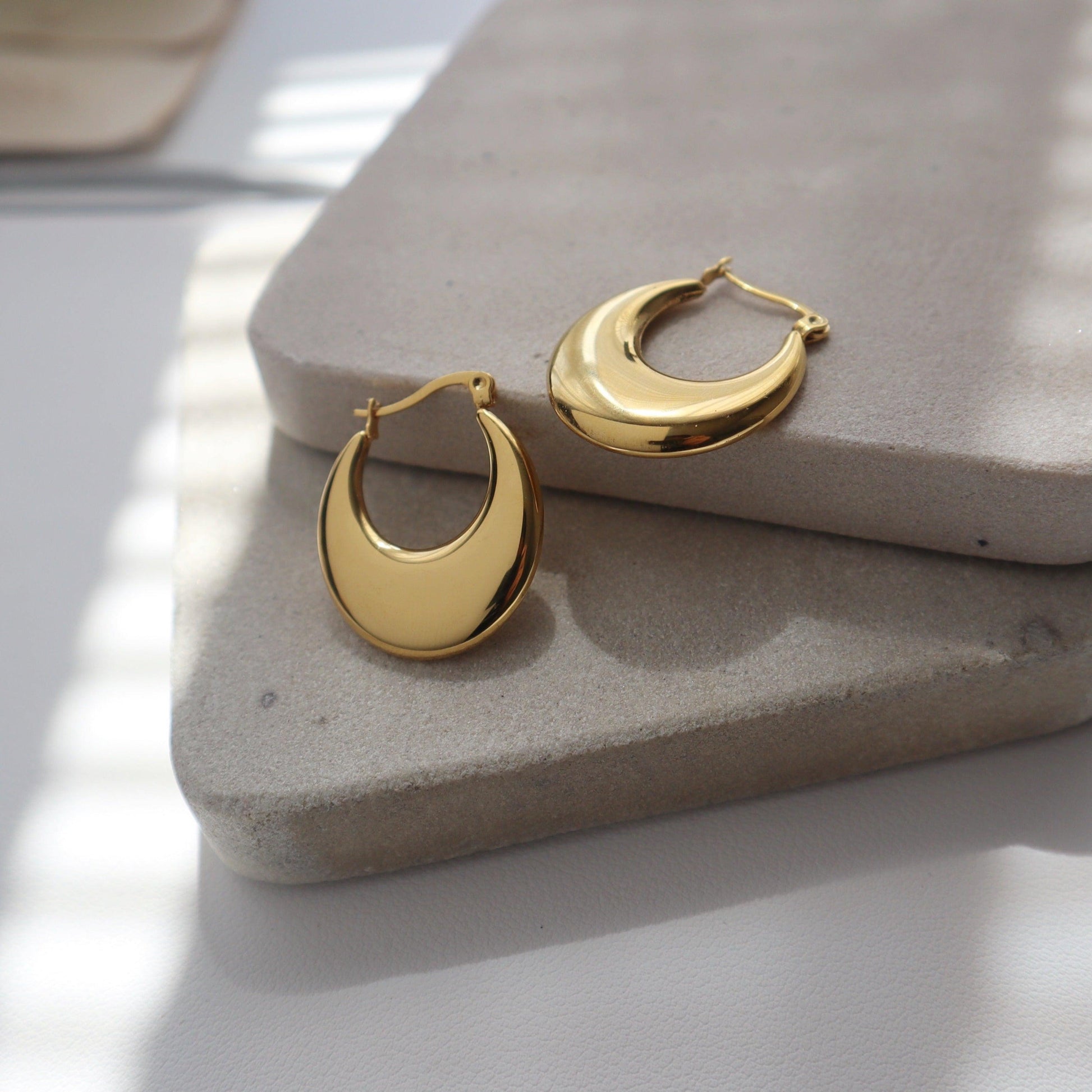Flat Moon Hoops | Gold Hoops - JESSA JEWELRY | GOLD JEWELRY; dainty, affordable gold everyday jewelry. Tarnish free, water-resistant, hypoallergenic. Jewelry for everyday wear