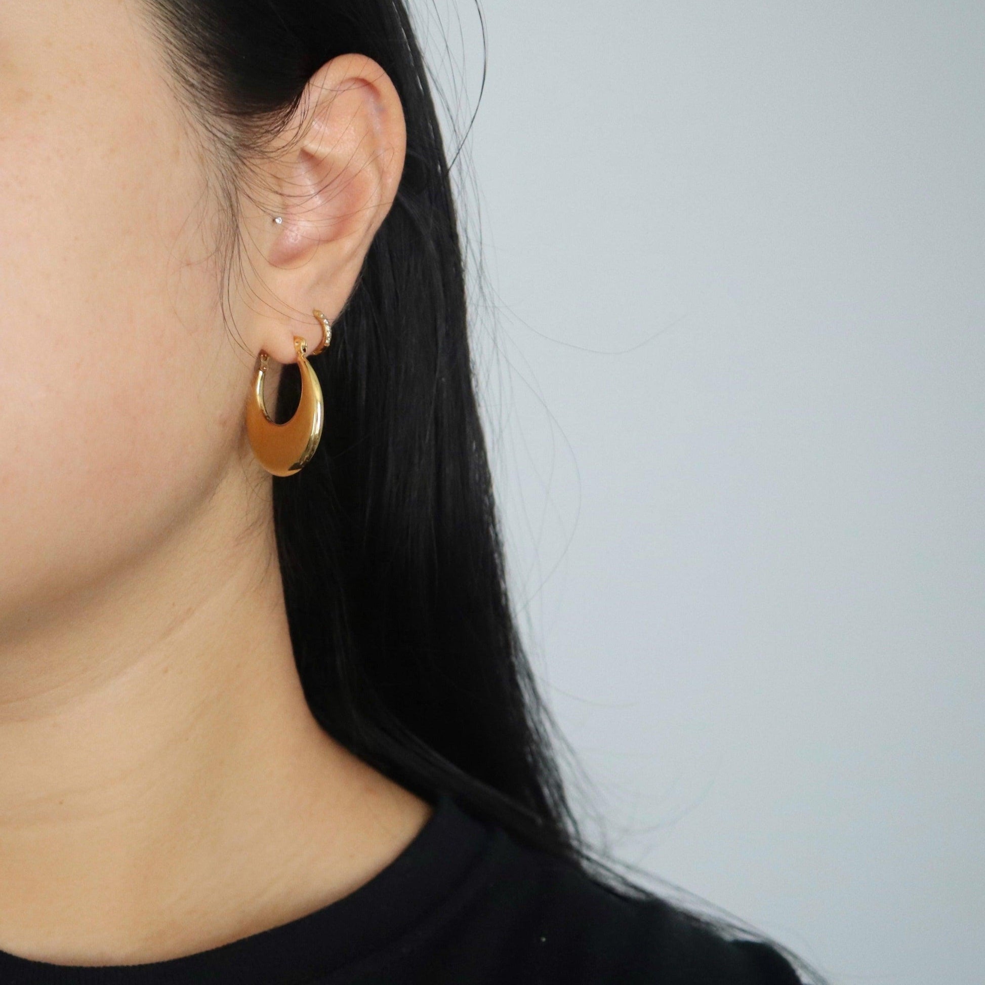Flat Moon Hoops | Gold Hoops - JESSA JEWELRY | GOLD JEWELRY; dainty, affordable gold everyday jewelry. Tarnish free, water-resistant, hypoallergenic. Jewelry for everyday wear