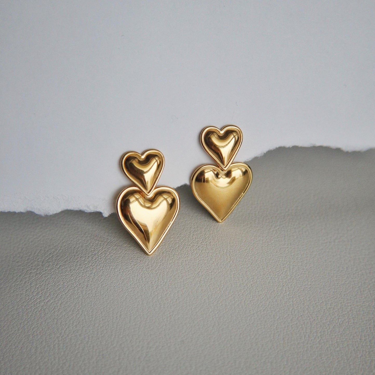 Double Heart Drop Earrings - JESSA JEWELRY | GOLD JEWELRY; dainty, affordable gold everyday jewelry. Tarnish free, water-resistant, hypoallergenic. Jewelry for everyday wear