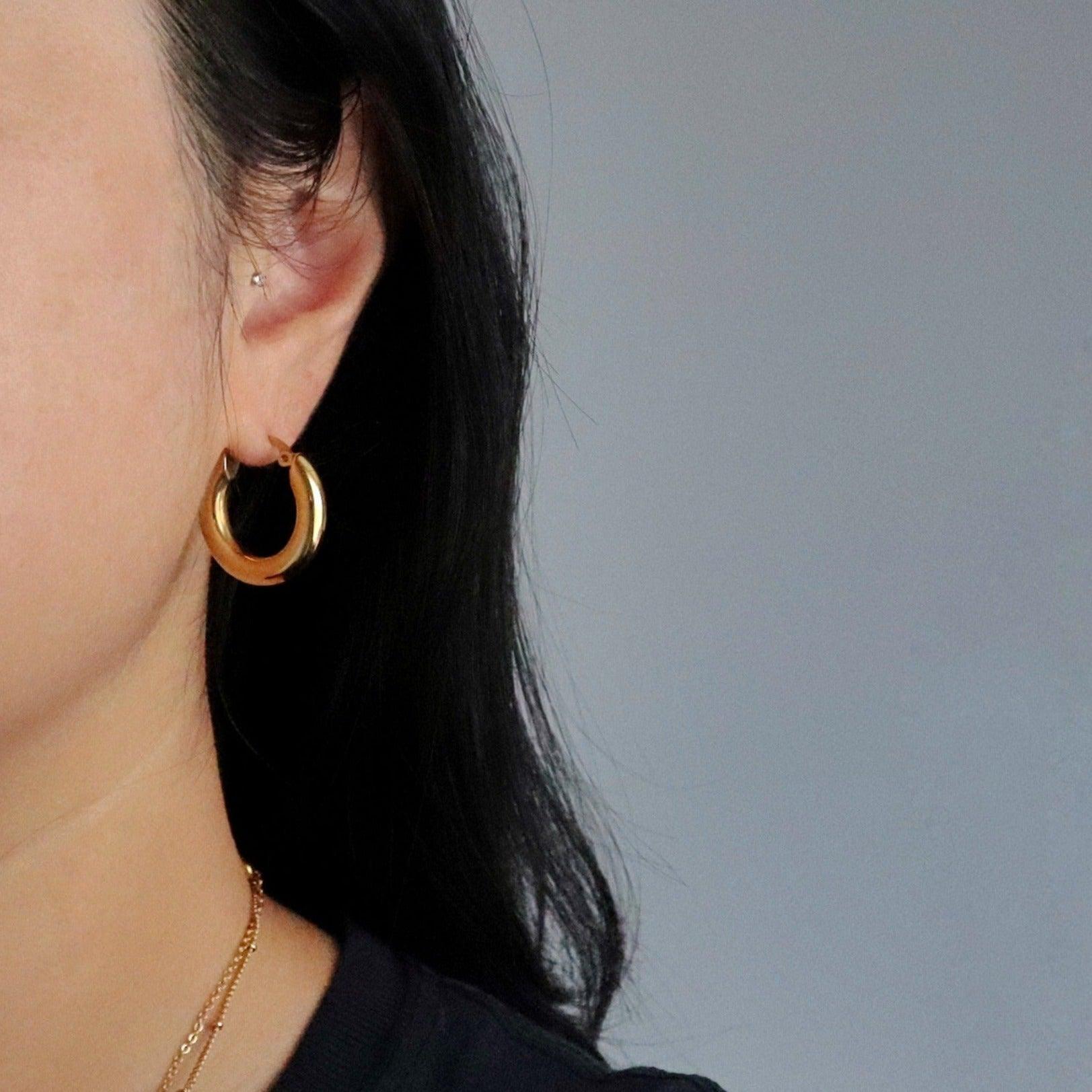 Audrey Hoops | Minimalistic Classic Hoops - JESSA JEWELRY | GOLD JEWELRY; dainty, affordable gold everyday jewelry. Tarnish free, water-resistant, hypoallergenic. Jewelry for everyday wear