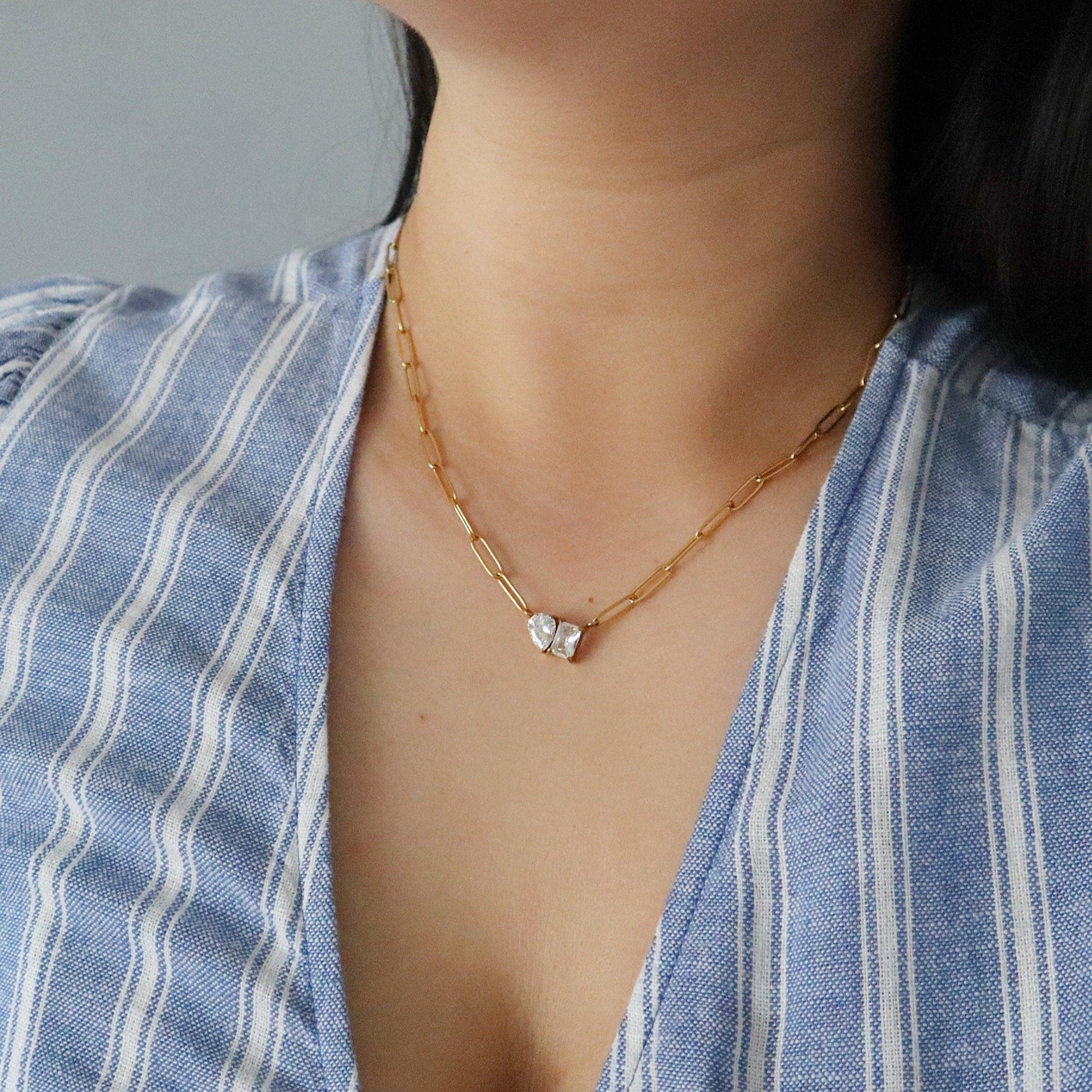 Toi et Moi Paperclip Necklace - JESSA JEWELRY | GOLD JEWELRY; dainty, affordable gold everyday jewelry. Tarnish free, water-resistant, hypoallergenic. Jewelry for everyday wear