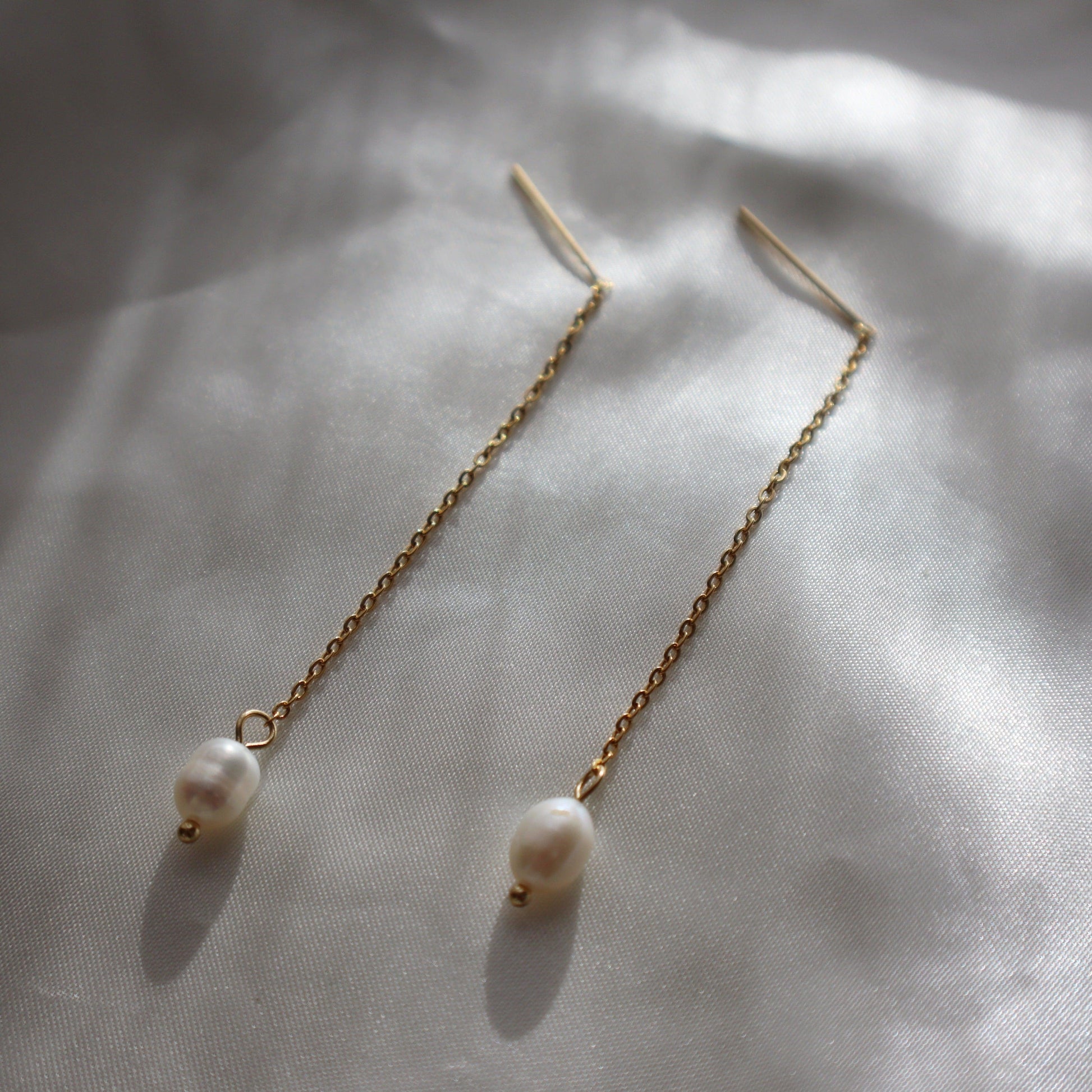 Pearl Drop Threaders | Drop Earring - JESSA JEWELRY | GOLD JEWELRY; dainty, affordable gold everyday jewelry. Tarnish free, water-resistant, hypoallergenic. Jewelry for everyday wear