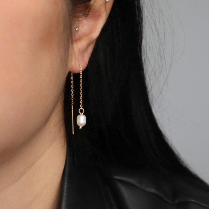 Pearl Drop Threaders | Drop Earring - JESSA JEWELRY | GOLD JEWELRY; dainty, affordable gold everyday jewelry. Tarnish free, water-resistant, hypoallergenic. Jewelry for everyday wear