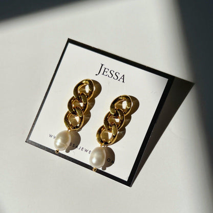 Pearl Chain Drop Earrings - JESSA JEWELRY | GOLD JEWELRY; dainty, affordable gold everyday jewelry. Tarnish free, water-resistant, hypoallergenic. Jewelry for everyday wear