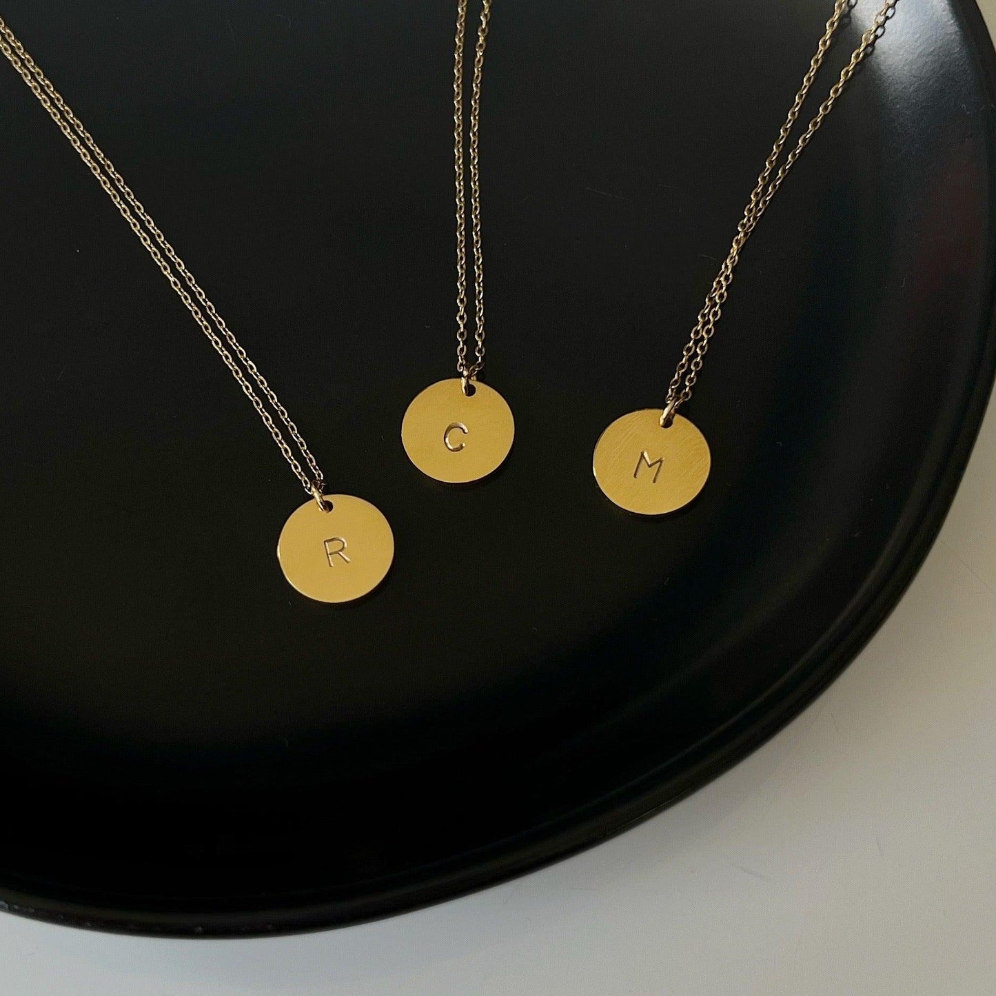 Hand Stamped Initial Disc Necklace - JESSA JEWELRY | GOLD JEWELRY; dainty, affordable gold everyday jewelry. Tarnish free, water-resistant, hypoallergenic. Jewelry for everyday wear